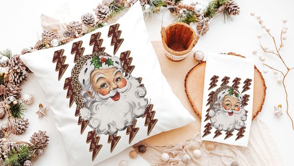 leopard print Santa throw pillow for couch, lightning bolt trendy Christmas kitchen towels for friends, secret Santa gifts for women, funky
