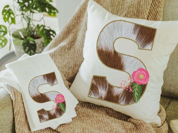 Personalized Cowhide Initial Pillow or Kitchen Towel