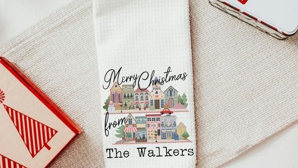 personalized Merry Christmas kitchen towels, custom small town Christmas kitchen hand towels, unique Christmas wedding gift for couple, best