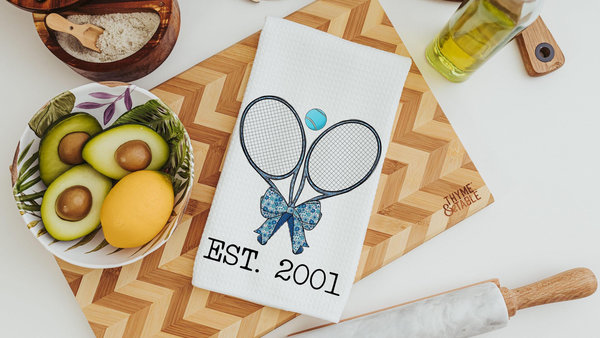 personalized cute tennis kitchen towel for Spring, tennis coquette kitchen decor, tennis gifts for women, tennis player gifts, girly sports