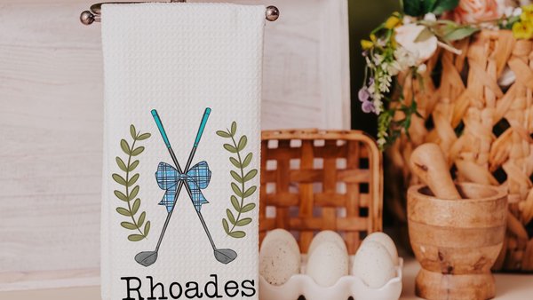 personalized cute golf kitchen towel for friend, golf coquette kitchen decor, golf gifts for her, lady golfer gifts for women, golf bathroom