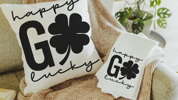 happy go lucky St Patricks day throw pillows for couch, St Patricks day kitchen towels, St Pattys decor, shamrock hand towels for bathroom