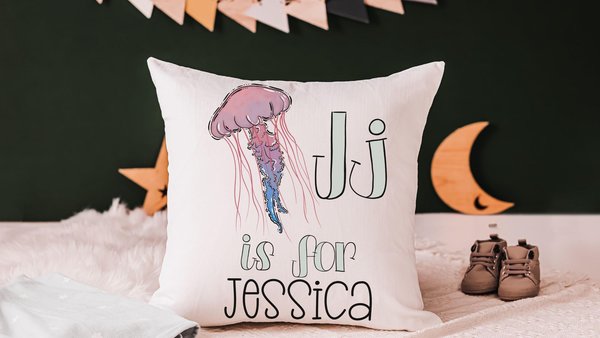 personalized j is for jellyfish nursery throw pillow with name, ocean nursery theme nautical nursery decor, beach birthday gifts for baby