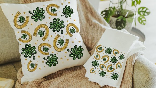 lucky charm gold horseshoe St Patricks day throw pillows for sectional, leopard print green shamrock St Pattys day kitchen towels, Irish