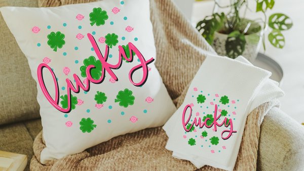 hot pink lucky vibes St Patricks day throw pillows for couch, green shamrock St Pattys day kitchen towels for gifts, Irish gifts for friends