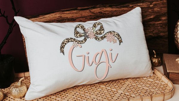 personalized blush pink gigi throw pillow for bed, leopard print bow coquette pillow cover 12 by 20, mother in law mothers day gifts