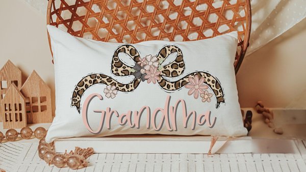 personalized blush pink grandma throw pillow for bed, leopard print bow coquette pillow cover 12 by 20, mother in law mothers day gifts