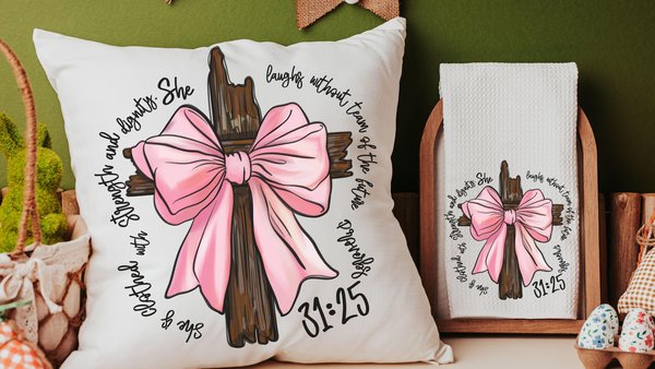 she is clothed in strength Bible verse throw pillows for couch, Christian coquette kitchen towels, Proverbs 31 bridal shower gifts for bride