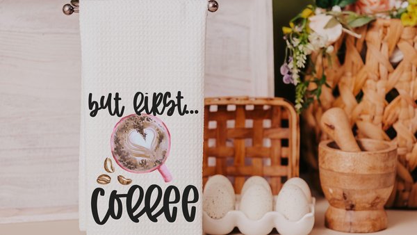 but first coffee kitchen towels for friends, coffee lover gifts for her, cute Valentines hand towels for bathroom, Galentines day gifts for