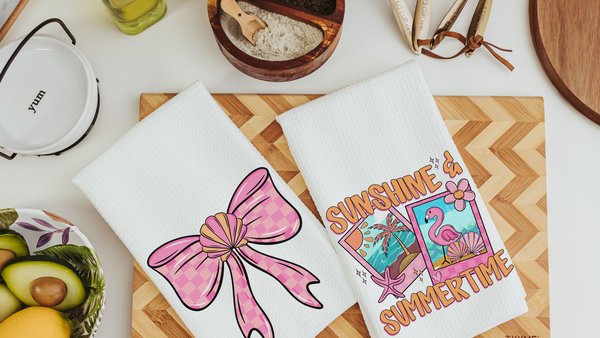 beach coquette hand towels for bathroom, beach house gifts, cute flamingo kitchen decor, pink and orange coastal seashell decor, summer