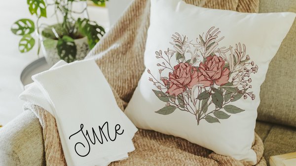 june birthday kitchen towel, muted colors cottage roses throw pillow for bedroom, June birth month flower gifts for Mom, honeysuckle decor