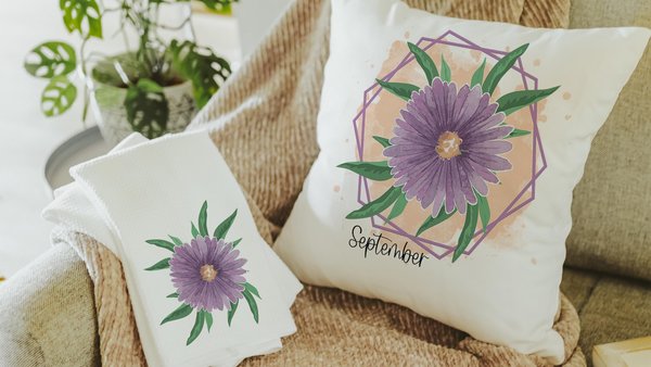 purple aster throw pillows for couch, September birth flower gift for friend, September birthday gifts for sister, aster flower hand towels