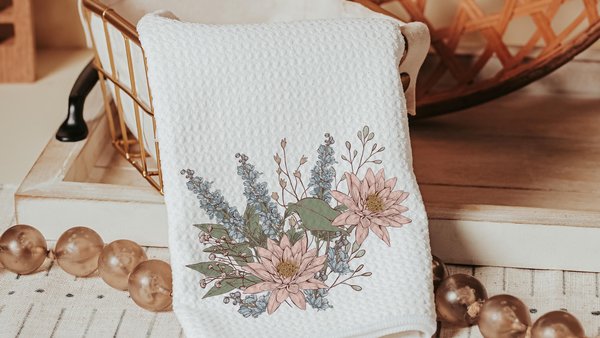 larkspur flower kitchen towels, July birth month flower gift for Mom, July birthday gifts for her, water lily bathroom hand towels for guest