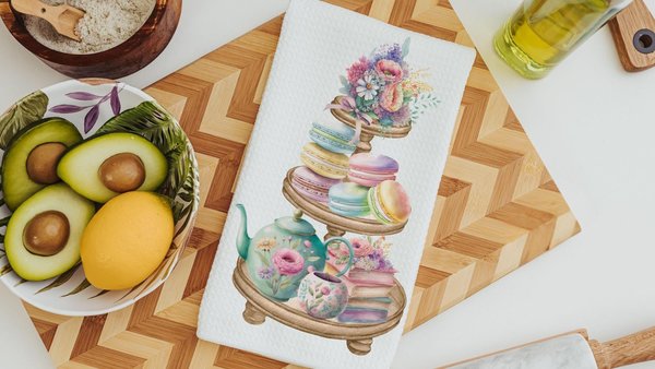 macaron cookies floral kitchen towels, pastel kitchen decor, garden party bridal shower gifts for bride, tea party hand towels for kitchen