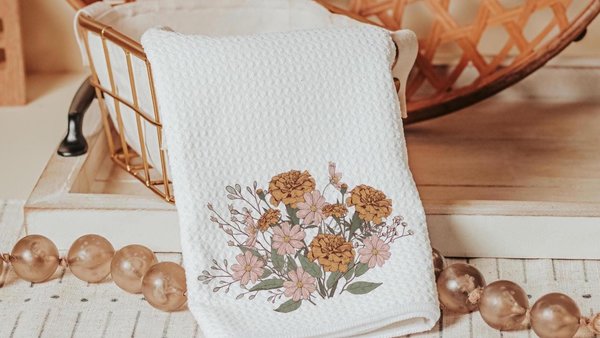 marigold flower kitchen towels, fall host gift, October birthday gifts for her, blush pink cosmos flower hand towels, fall style gift, guest