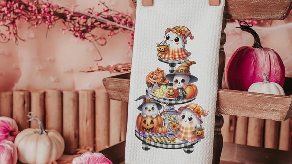spooky cute ghost Halloween kitchen towels, whimsical fall host gift, boo basket stuffers for adults, not so scary Halloween fall style gift