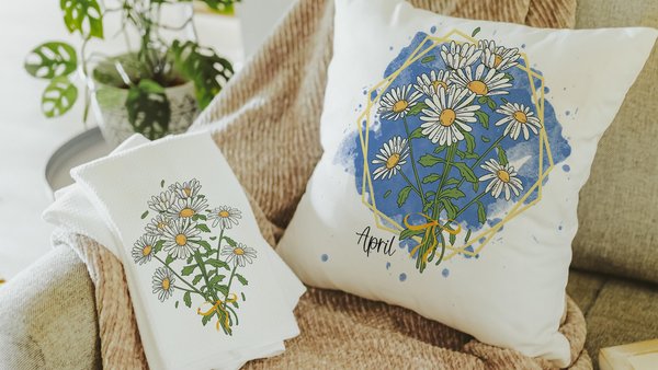 custom April birth flower throw pillow for sofa, daisy kitchen towel, April birthday gifts for her, botanical throw pillow covers 18x18
