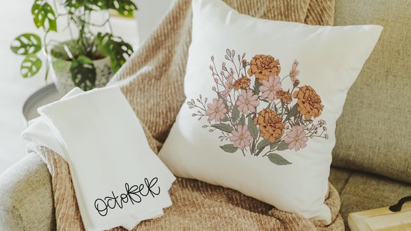 blush pink cosmos & orange marigold throw pillow for bed, October birthday kitchen towels, October birth month flower gifts for her, best