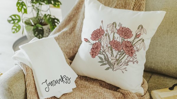 carnation flower throw pillow for couch, January birthday kitchen towels for Mom, snowdrop flower January birth flower gifts for friends
