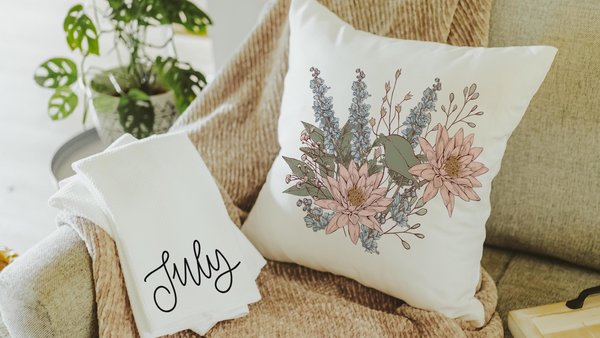 water lily & larkspur flower throw pillow for bed, July kitchen towels, July birth month flower gift for Mom, July birthday gifts for her