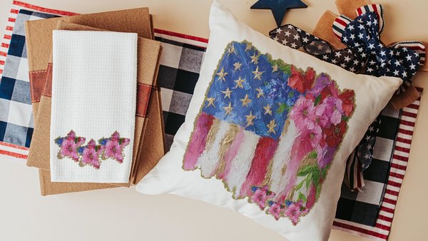 watercolor American flag throw pillow for porch swing, floral kitchen towels, 4th of July decor patriotic gifts for women, military wife