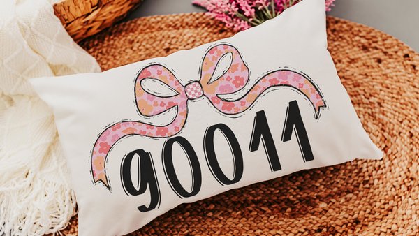 personalized college decor pink floral coquette throw pillow for dorm, college gifts for her, custom zip code pillow, college apartment girl