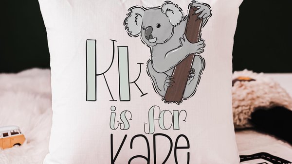 personalized koala bear nursery throw pillow with name, k is for koala nursery theme Australian animals baby decor, zoo baby shower gift