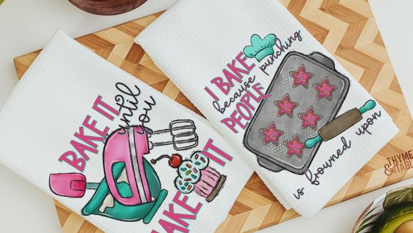 I bake because punching people is frowned upon towels, baking bridal shower kitchen gifts, funny baking kitchen towels, baker gift for women