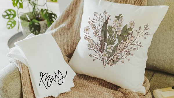 lily of the valley throw pillows for couch floral kitchen towels for Spring, best gifts for her, May birthday gifts for mom, white hawthorn