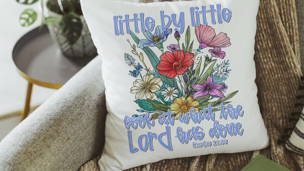 little by little look at what the Lord has done Bible verse decorative pillows for girls, wildflower Christian throw pillow covers 18 x 18