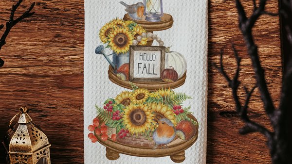hello fall kitchen towels, fall host gift, sunflower kitchen decor, autumn kitchen hand towels, fall style gift, sunflower gifts for friend