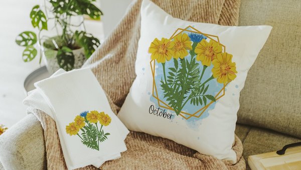 cosmos flower throw pillows for sofa, October birth flower gift for teacher, marigold flower kitchen towels, October birthday gifts for bff