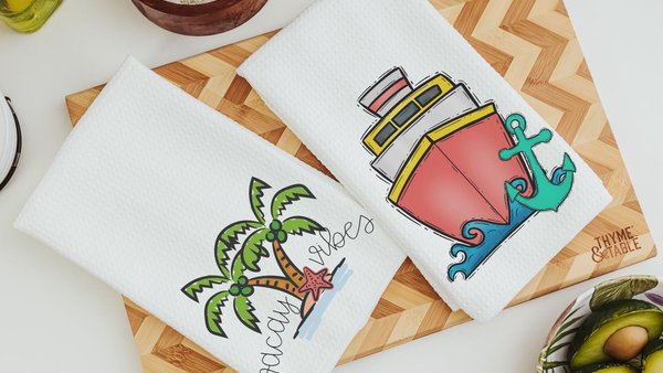 vacay vibes cute kitchen towels for beach, summer kitchen decor, destination wedding gift for couple, vacation home decor, coastal bathroom