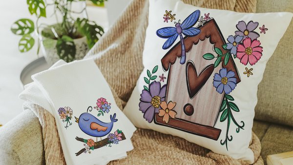 cute birdhouse floral throw pillow covers 18x18, bird lover gifts, Spring decor for home, bluebird kitchen towels for gifts, gardener gift