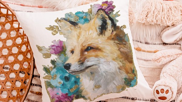 watercolor fox throw pillow for dorm, floral fox bedroom decor, fox gifts for women, whimsical woodland nursery decor, college gifts for