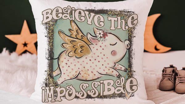 flying pig throw pillows for kids, believe the impossible inspirational gifts for girls, encouraging classroom decor, cute pig gifts for her