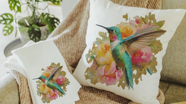 watercolor hummingbird pillow for dorm room, cottage rose kitchen towels for friends, college apartment gifts for women, hummingbird gifts