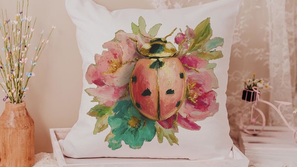 watercolor floral throw pillows for couch, garden ladybug decor, cottage roses decorative pillows for dorm, summer hostess gifts for women