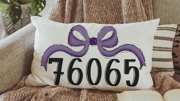 personalized school spirit coquette throw pillow for dorm, purple team spirit college gifts for her, zip code pillow for bed, college dorm