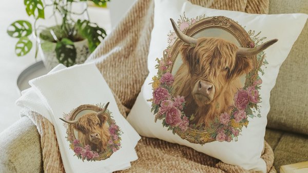 shaggy cow pillow cover 18x18 fall style gift, highland cow kitchen decor, floral cow kitchen towels, fall host gift, cute cow gifts for cow