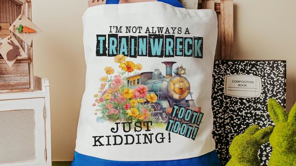 i'm not always a trainwreck funny tote bag for college students, back to school gifts for teachers, just kidding toot toot snarky tote bag