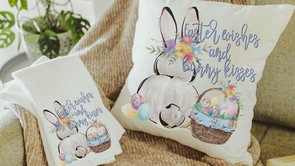 Easter wishes and bunny kisses watercolor Easter throw pillows for sofa, floral Easter bunny kitchen towels cute Easter gifts for wife, best