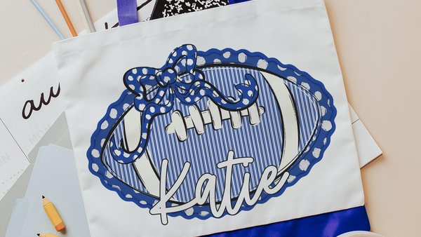 personalized seersucker football tote bag with name, football cheer gifts for girls, royal blue school spirit accessories, Christmas gifts