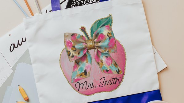 personalized watercolor apple for teacher tote bag with name, cute teacher gifts for coworkers, coquette totes for books, preschool teacher