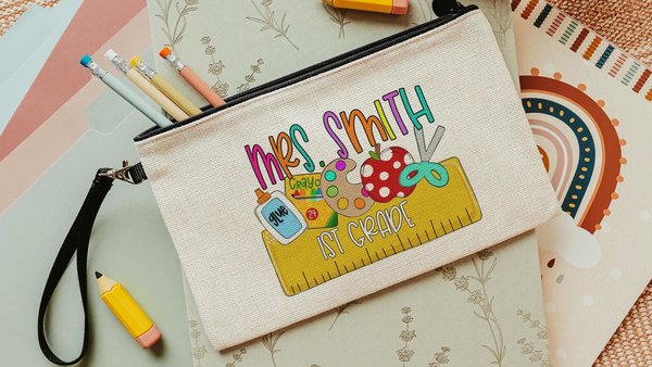 personalized pencil pouch for teachers, school supplies, cute pencil bag for purse, back to school gifts for coworkers, first grade teacher