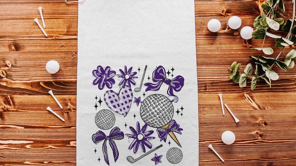 purple school pride golf towels for women, golf coquette golfing gear, golf Christmas gifts for golfers, golf mom golf bag accessories for