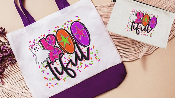 boo tiful trick or treat bag for girls, neon Halloween tote bag for teachers, boo basket stuffers for teenage girls, cute ghost makeup bag