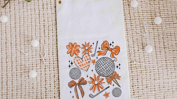 golf coquette golf towels for her, orange school spirit golf bag accessories for women, cute golf Christmas gifts for golfers, girly golf