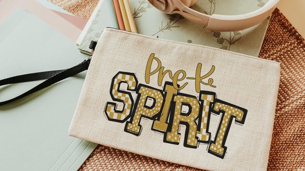 pre k spirit preschool pencil case for school, gold checkered school supplies for girls, school spirit accessories, back to school gifts