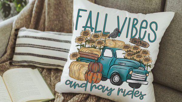 fall vibes and hayrides fall throw pillow covers 18 x 18, blue truck and pumpkin pillows for couch, sunflower gifts for women, autumn decor